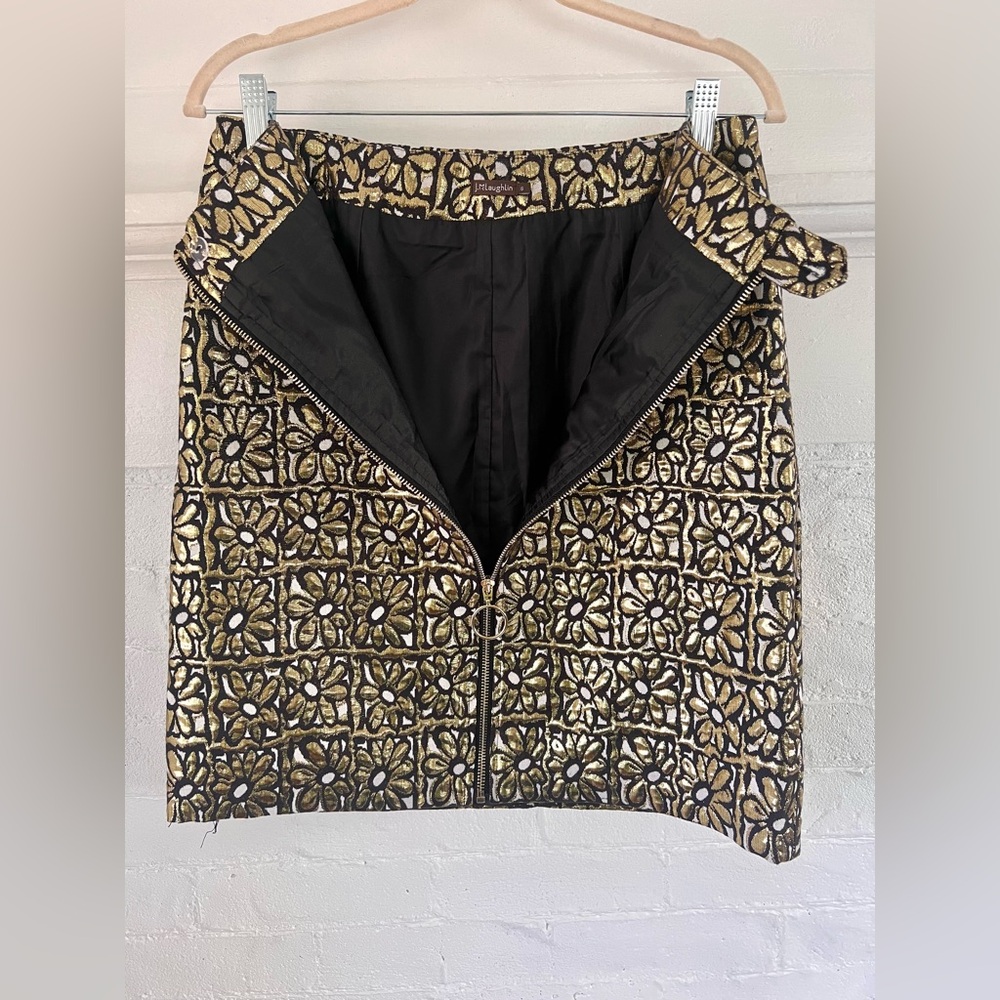 J. McLaughlin Perita Mini Skirt Vintage Daisy Gold Metallic Brocade Zip Front - Picture 6 of 14